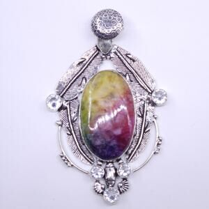Handmade Sterling Silver Pendant w/ Rainbow Druzy Stone - Vibrant Colors - 2x1"